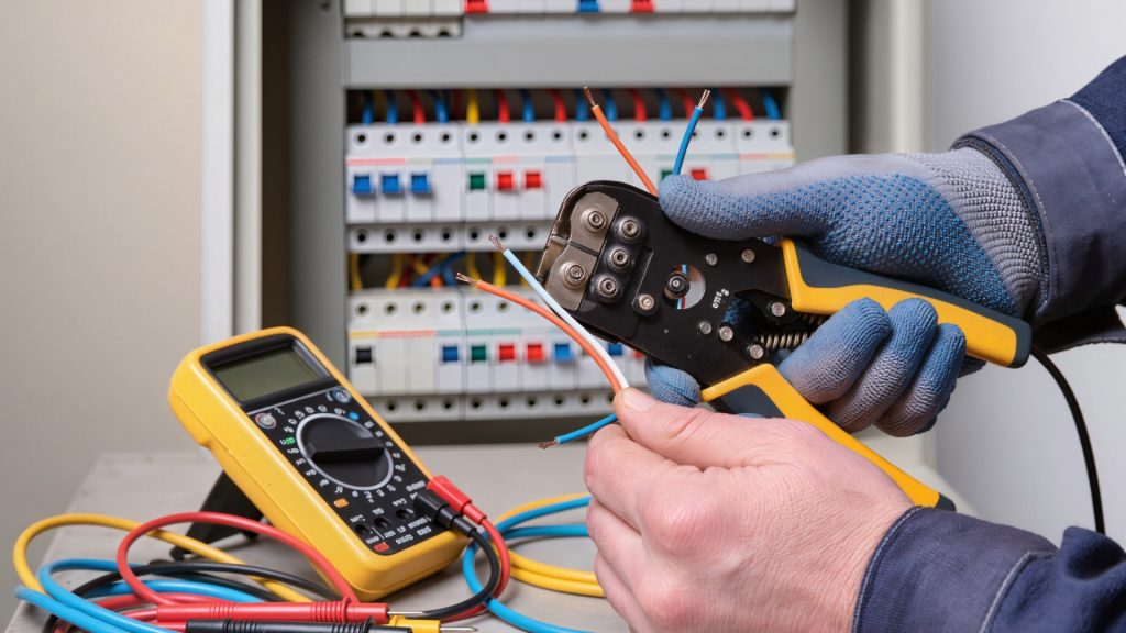 Elektriker mit Kabelzange und Messgerät vor einem Verteilerschrank